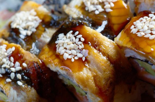 Japanese sushi maki . traditional japanese food.Roll made of Smoked eel