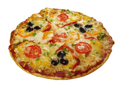 home pizza with tomato and eggplant  Closeup  isolated on white background.