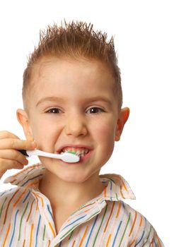 Little child with dental toothbrush brushing teeth.isolated on a white background.