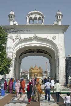 People entering the compound containing the Golden Temple in Amritsar, Punjab, India.