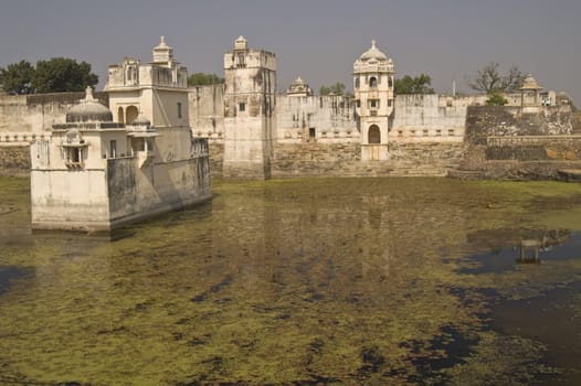Padmini's Palace. Late 13th Century Rajput palace in the middle of a lake. Chittaugarh, Rajasthan, India