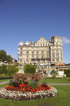 Parade Gardens in Bath, Somerset, England. Empire Hotel in the background.