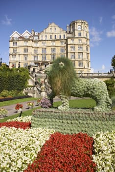 Parade Gardens in Bath, Somerset, England. Empire Hotel in the background.