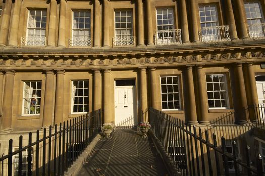 House in the historic Royal Crescent. Large crescent of houses made from locally mined bath stone. Bath, Somerset, England