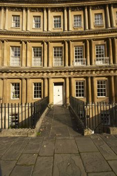 House in the historic Royal Crescent. Large crescent of houses made from locally mined bath stone. Bath, Somerset, England
