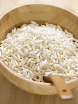 close up of a bowl of puffed rice