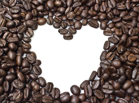 coffee beans stripes isolated in white background, heart with copyspace.