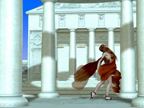 A Roman palace erupts with laughter and gaiety as a young girl runs among the columns.