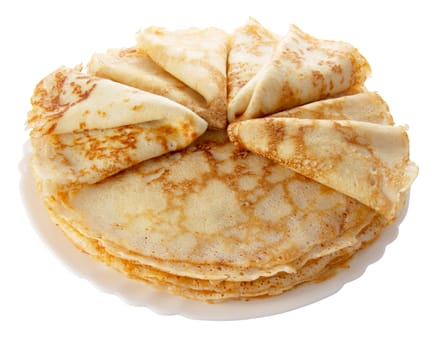 pile of pancakes on the white plate (isolated object)