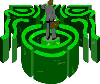 A business professional looks in the distance trying to find his way out of a labyrinth.
