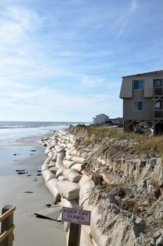 Sand bags along the beach in North Carolina to protect from heavy surf and erosion.