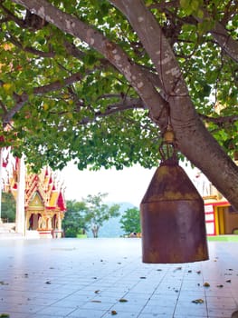 Old brass bell hang on the tree in temple