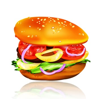 Hamburger with tomato, lettuce, onion and meat.