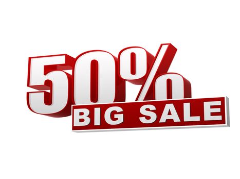 text 50 percentages big sale in 3d red white banner, letters and block, business concept