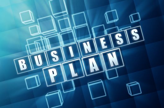 business plan text in 3d blue glass cubes with white letters