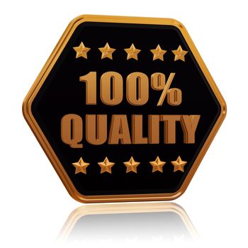 100 percentages quality - 3d black golden hexagon button with text and five stars