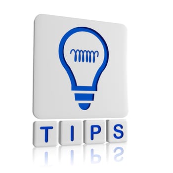 Tips 3d blue icon of bulb and text