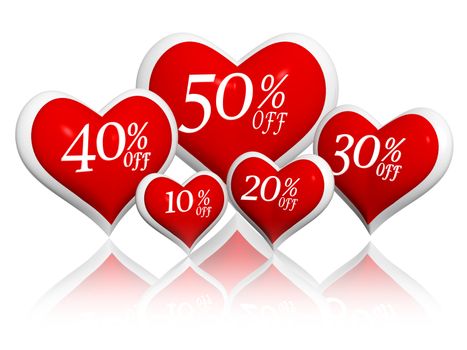 different percentages off rebate in 3d red hearts banners, valentines day sale seasonal business concept