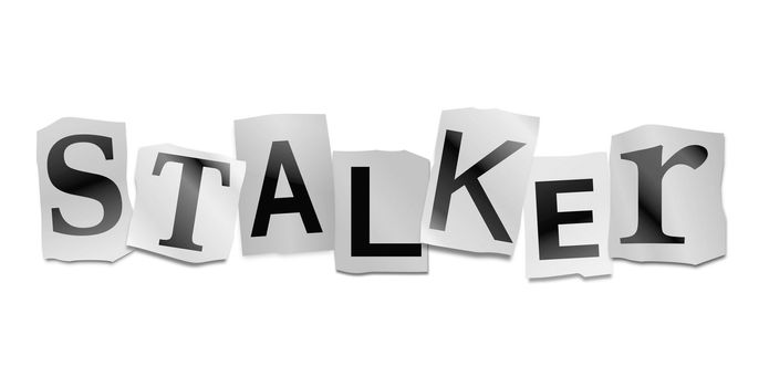 Illustration depicting cutout printed letters arranged to form the word stalker.