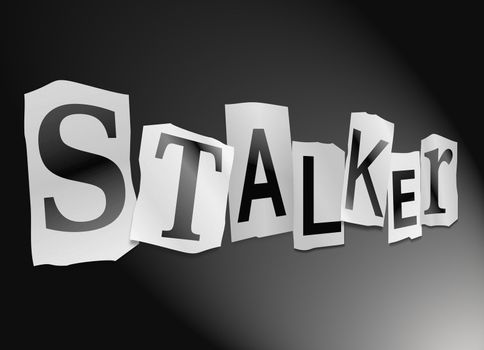 Illustration depicting cutout printed letters arranged to form the word stalker.