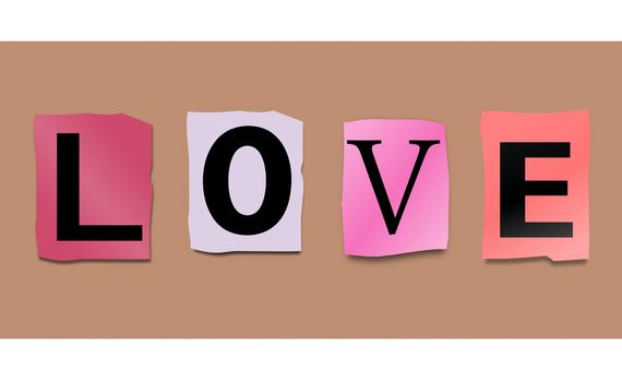 Illustration depicting cutout printed letters arranged to form the word love.