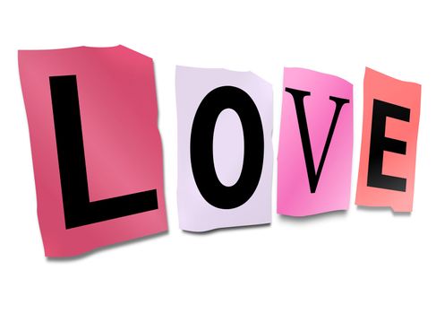 Illustration depicting cutout printed letters arranged to form the word love.