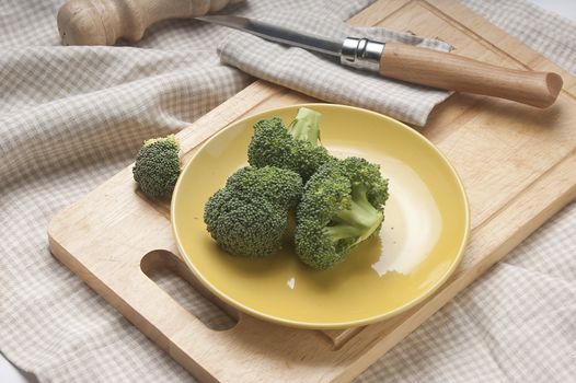 Some branches of broccoli on the yellow plate