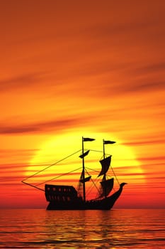 This image shows a old sailing ship in the sunset