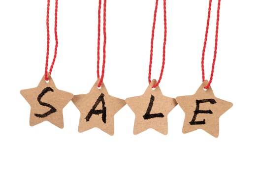Sale spelled with paper stars  are hung by ropes, isolated against white background