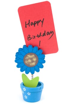 Happy birthday words written on paper of sun flower pot clip
