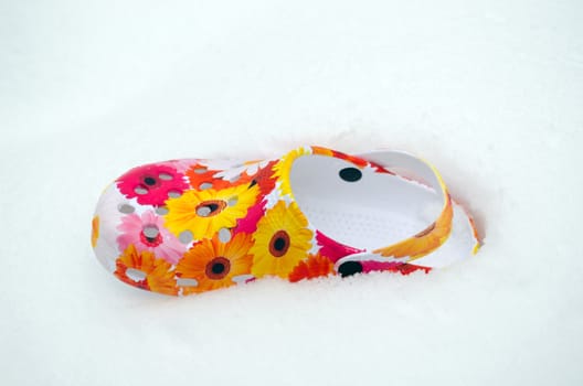 colorful slipper mule scuff with flowers lie on snow in winter snowbank.