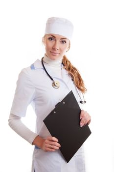 Medical doctor woman with stethoscope and papers isolated over white