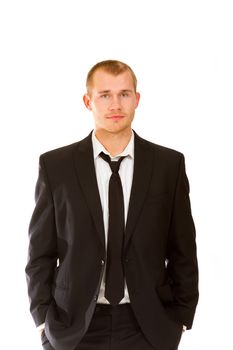 This handsome groom is isolated against a white background in the studio to create a portrait of a man that could be getting married or could be a business person.