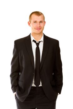 This handsome groom is isolated against a white background in the studio to create a portrait of a man that could be getting married or could be a business person.