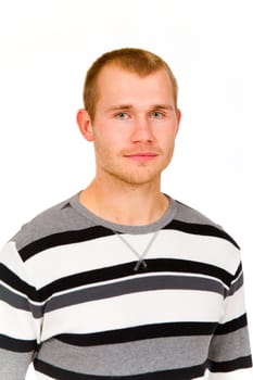 A fashion portrait of a guy in the studio against a white isolated background.