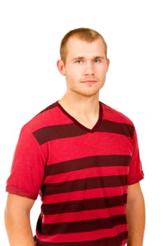 A fashion portrait of a guy in the studio against a white isolated background.