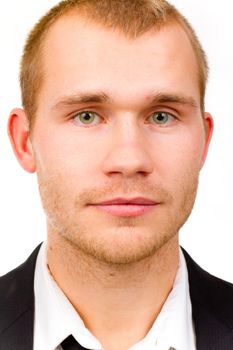 This handsome groom is isolated against a white background in the studio to create a portrait of a man that could be getting married or could be a business person.