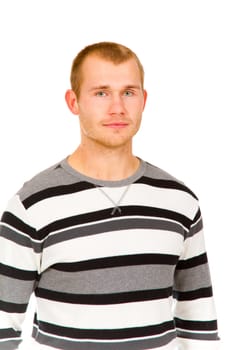 A fashion portrait of a guy in the studio against a white isolated background.