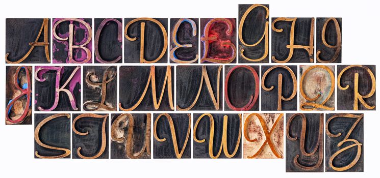 complete English alphabet  in ornamental script wood type - a  collage of 26 isolated letterpress printing blocks stained by color and black ink