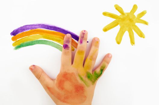 child's hand draws a picture on a white background