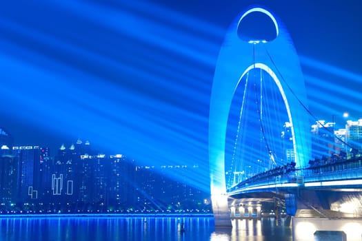 Night scene of Liede bridge with brilliant spot light in Guangzhou city of China