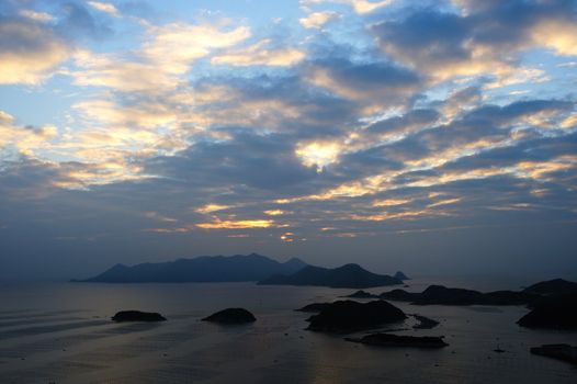 Ocean landscape with islands and mountains, photo taken in Fujian province of China