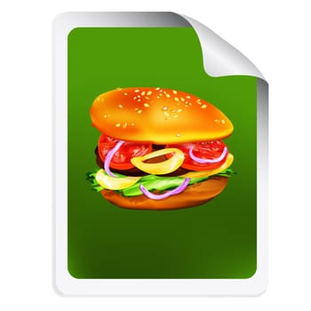Hamburger with tomato, lettuce, onion and meat.Sticker