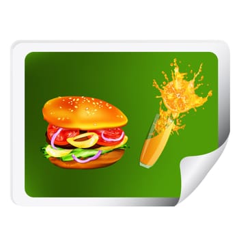 Hamburger with tomato, lettuce, onion and meat and fresh orange juice.Sticker