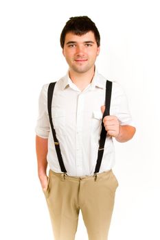 An isolated white background portrait of a man in his wedding attire before getting married.