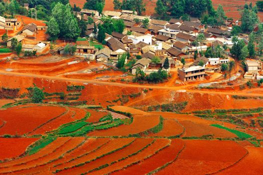 Village on the red field in Dongchuan district, Kunming city, Yunnan province,  China