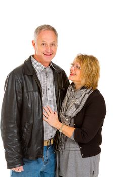 This man and woman look very healthy and in love against an isolated white background in studio.