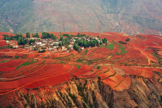 Village on the red field in Dongchuan district, Kunming city, Yunnan province,  China