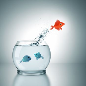 A fishbowl with a red fish jumping out of the water