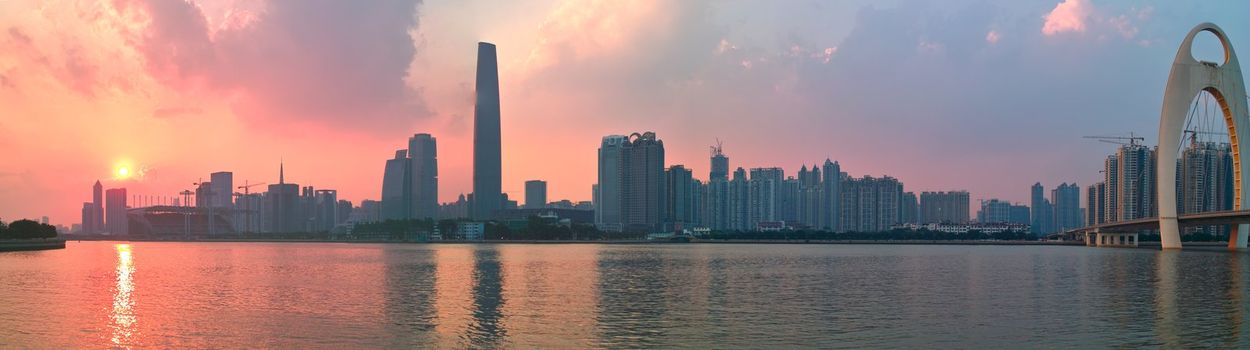 City sunset by the Zhujiang River in Guangzhou city Guangdong province of China